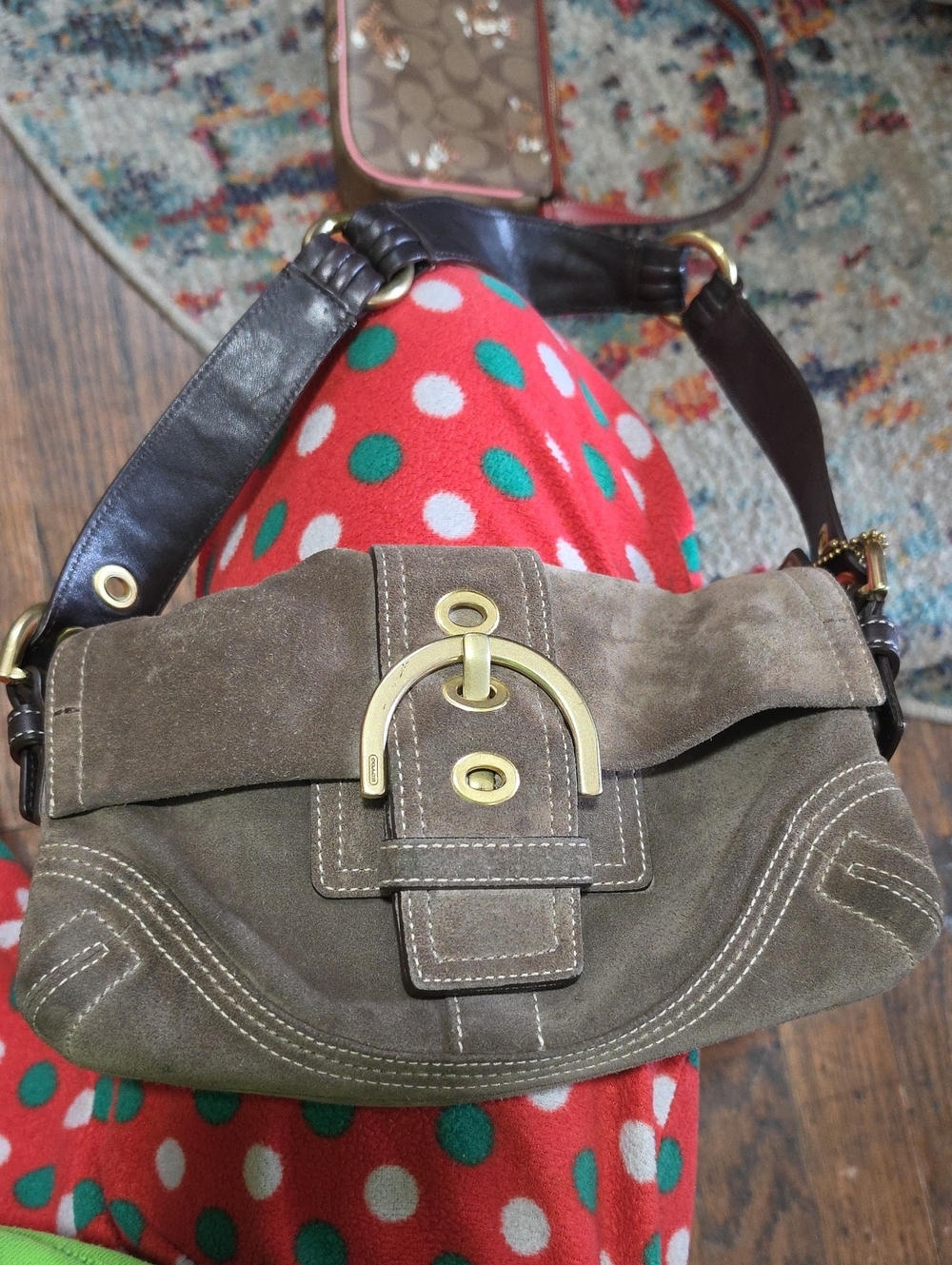 Coach Taupe Suede Shoulder Bag with Brass Hardware
